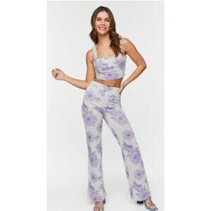 FOREVER 21 Jacquard Floral Mid-Rise Flare Pants Crop Top Matching Summer Set S/M